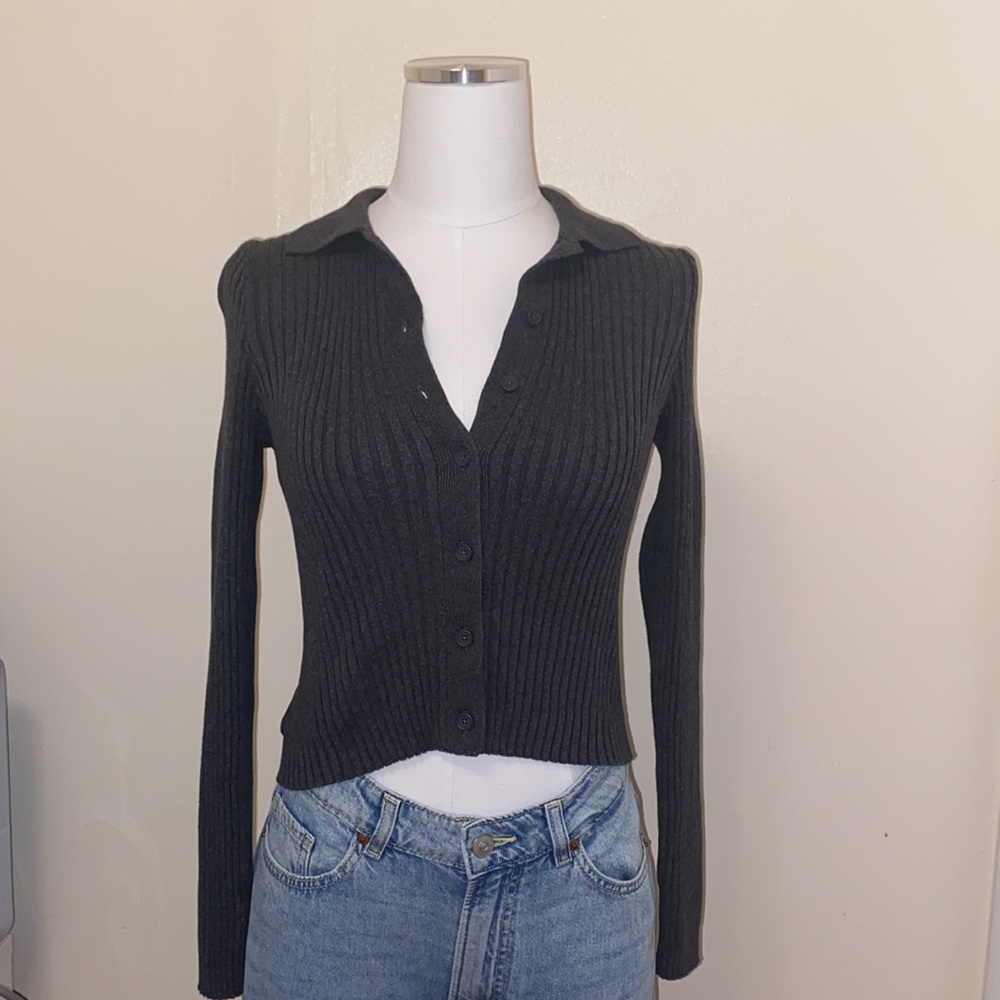 Dark Grey Bridget Knit Long Sleeve Collared Sweater Top